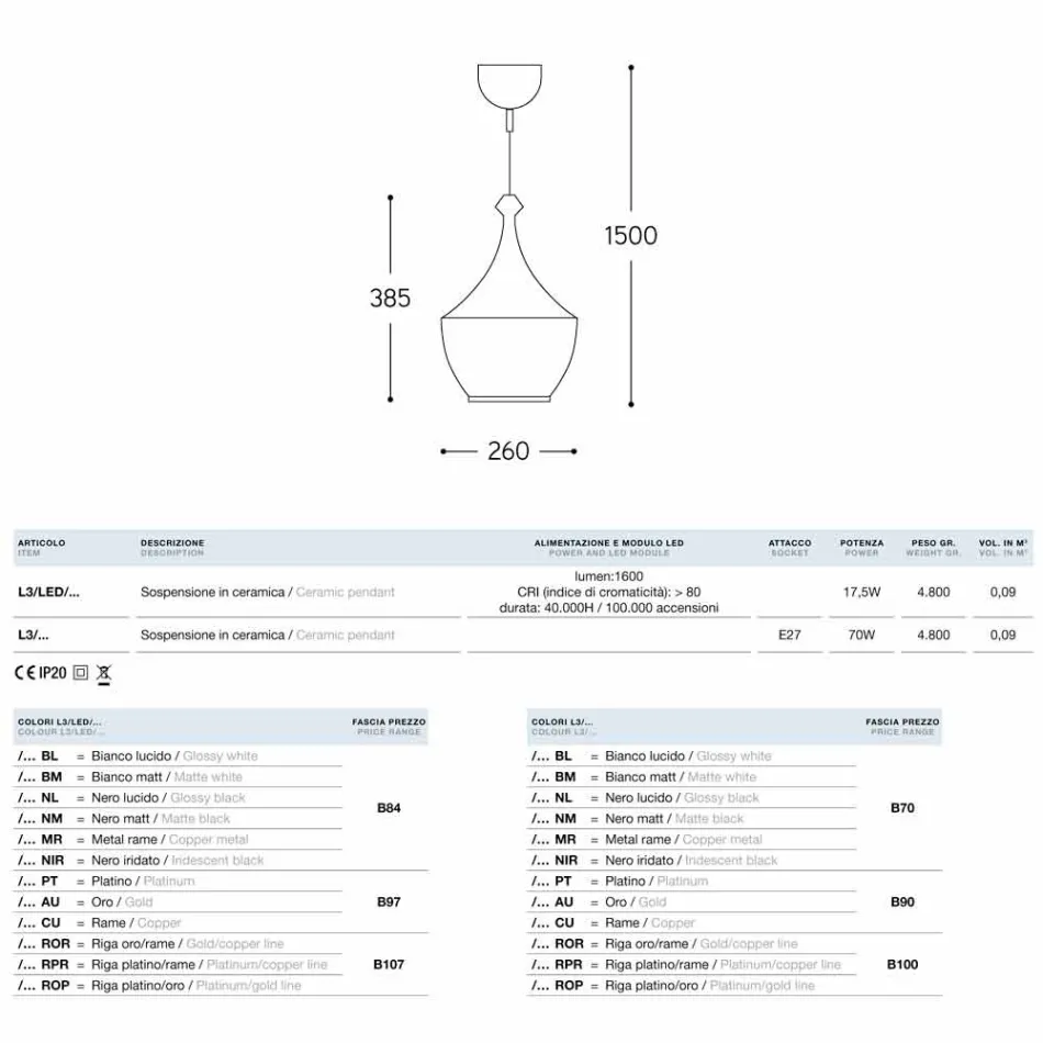 Lampa de suspensie în ceramică Lustri 3 Aldo Bernardi Viadurini
