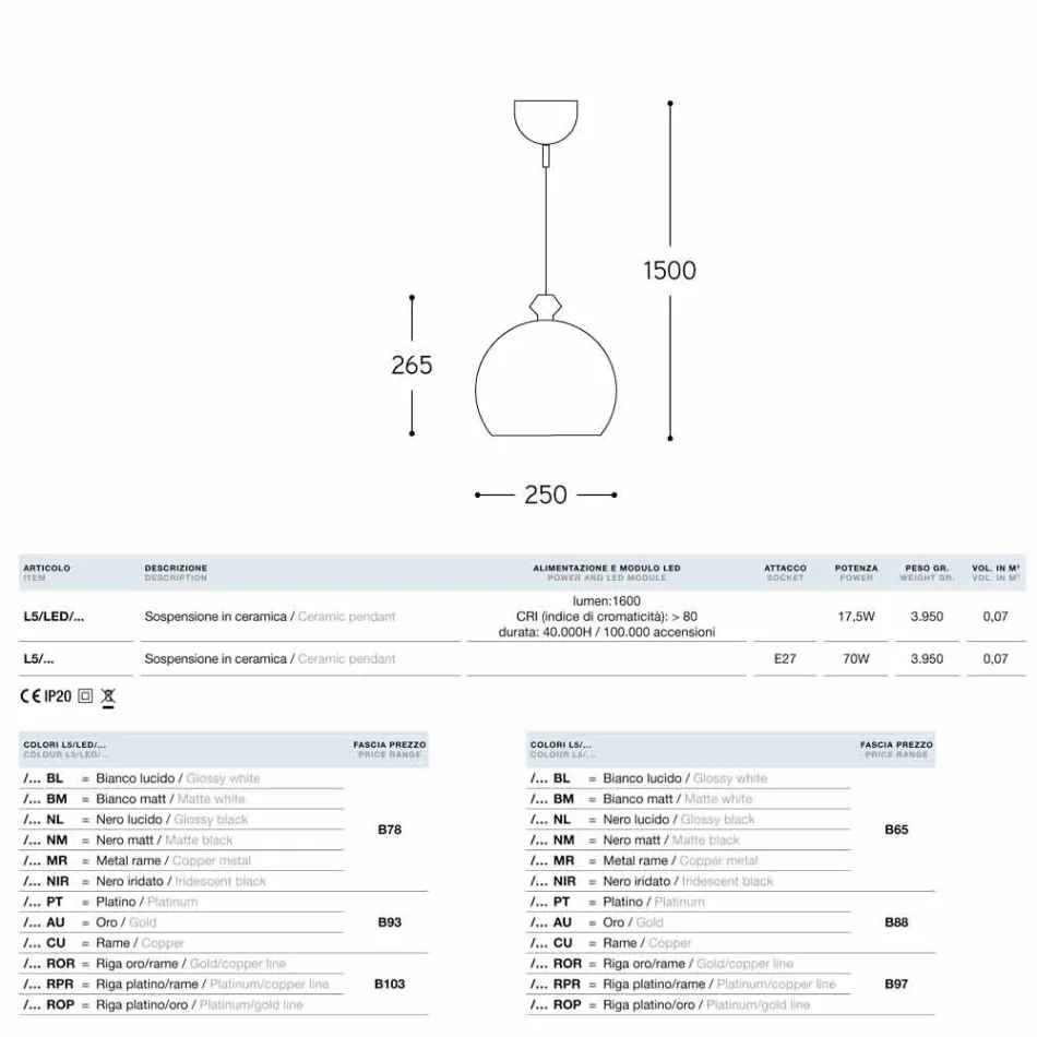Lampa de suspensie în ceramică Lustri 5 Aldo Bernardi Viadurini
