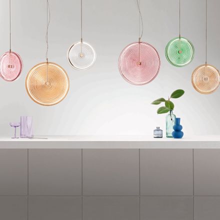 Lampă cu suspendare din metal și sticlă decorată cu linii concentrice - Hackberry Viadurini