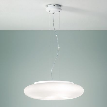 Lampa cu Suspensie din Sticla Alba Suflata si Metal Cromat - Ariana Viadurini
