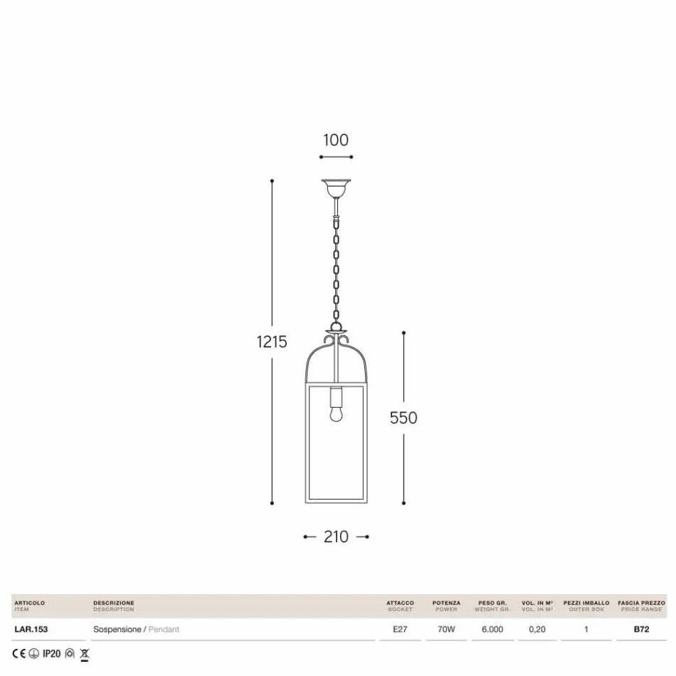 pătrat pandantiv lampă 1 lumina alamă și Vetro Aida Viadurini