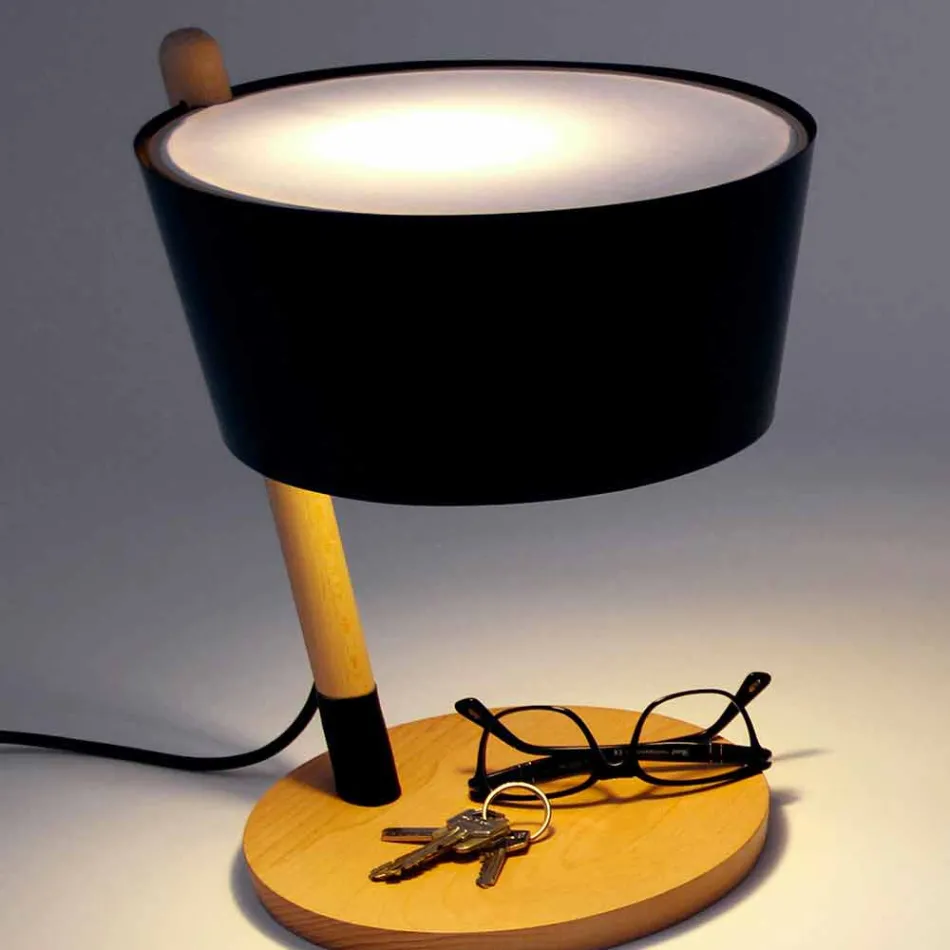 Lampă de masă din fag cu detalii din metal și piele vegană - Avetta Viadurini