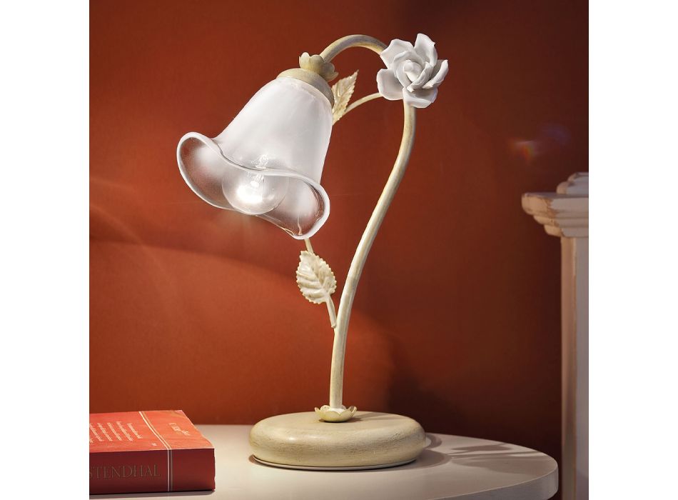 Lampa de Masa din Fier si Sticla cu Trandafir de Decor Ceramica - Siena Viadurini