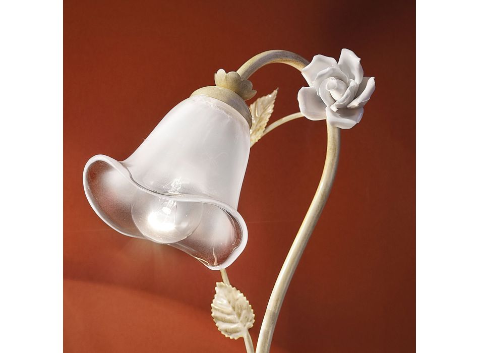 Lampa de Masa din Fier si Sticla cu Trandafir de Decor Ceramica - Siena Viadurini