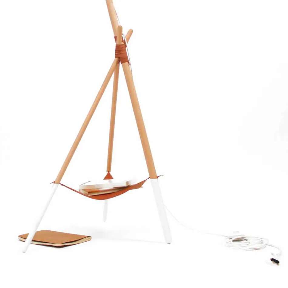 Lampă de podea din lemn și metal cu detalii din piele vegană - Avetta Viadurini