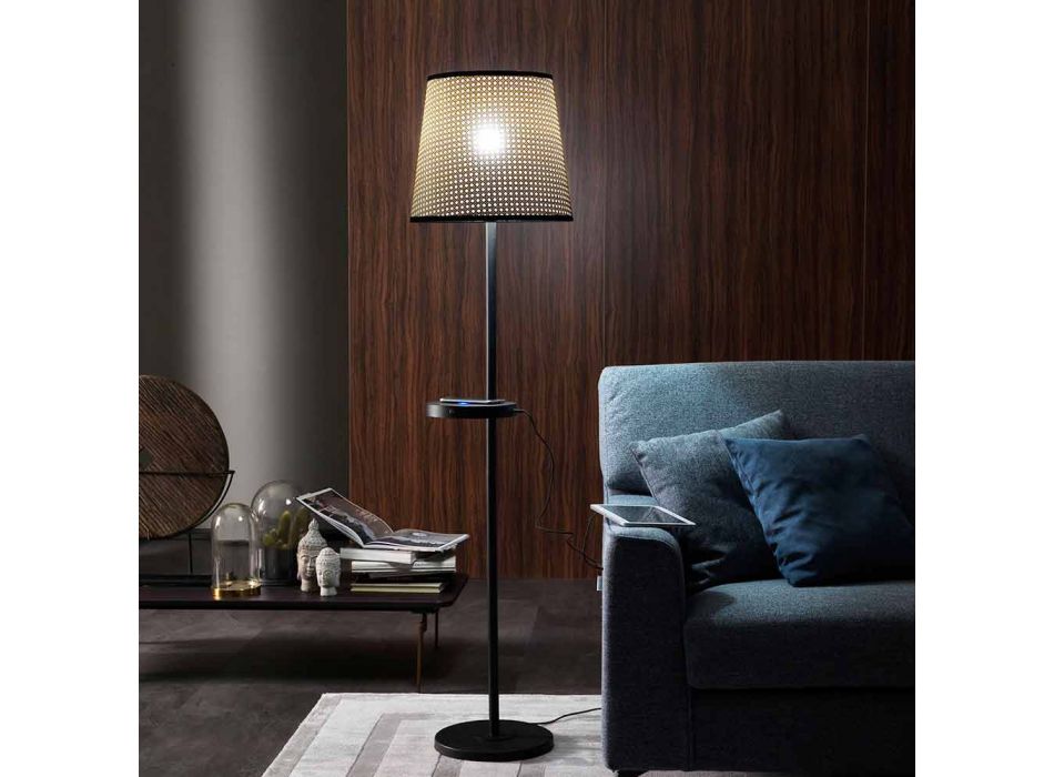 Lampă de podea din metal negru și Rattan cu raft Made in Italy - Livia Viadurini