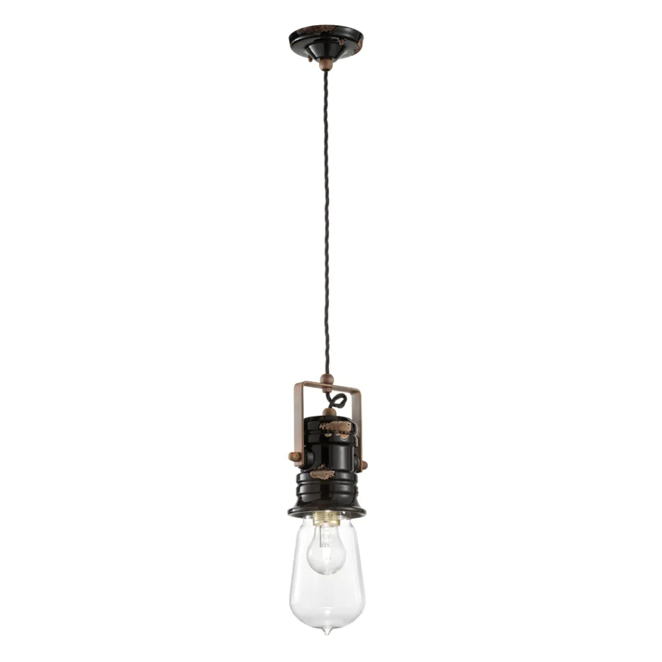Lampa cu Suspensie Design Industrial din Fier, Sticla si Ceramica - Urban Viadurini