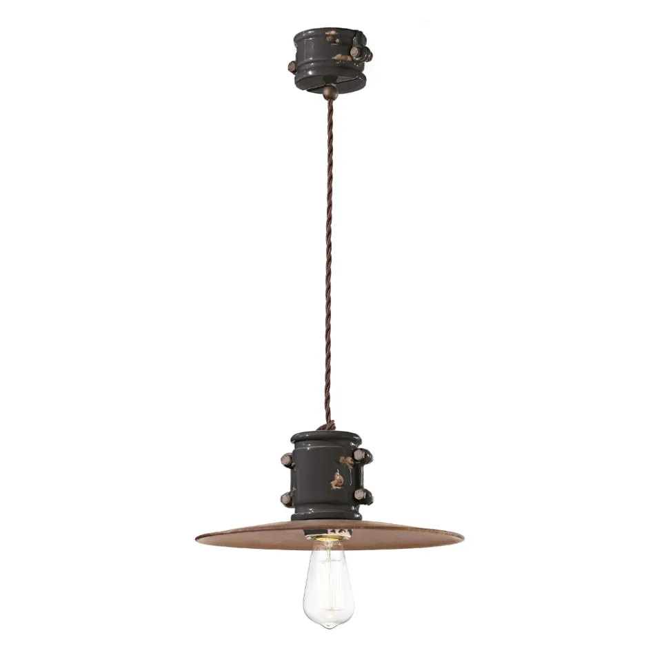 Lampa cu Suspensie din Fier si Ceramica Industriala Handmade - Urban Viadurini