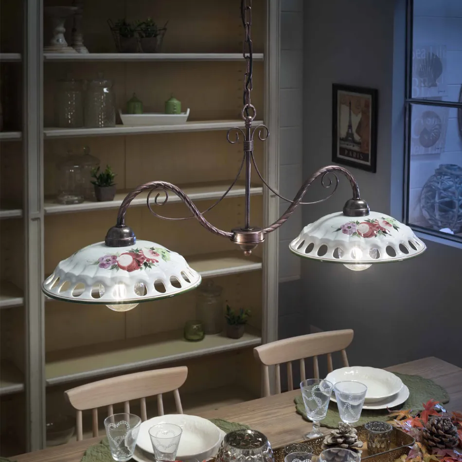 Lampa suspendata 2 Lumini din Ceramica Handmade cu Passanastri - Napoli Viadurini