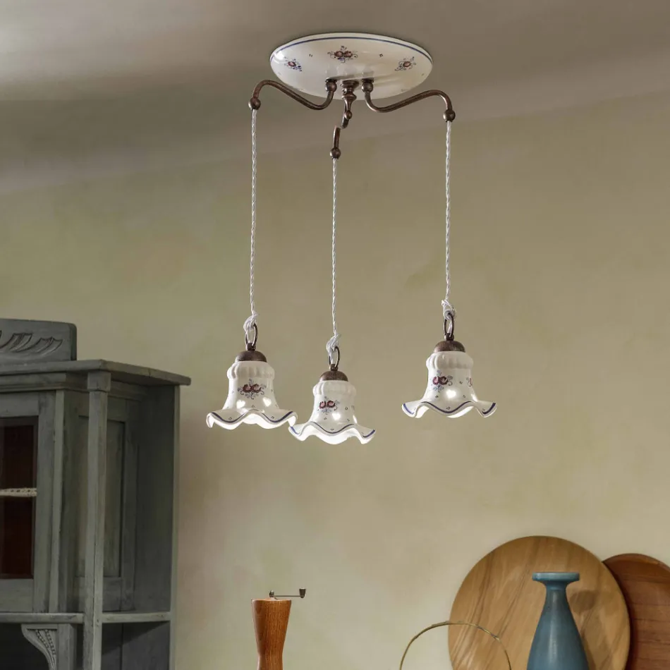 Lampa suspendata 3 Lumini din Fier si Ceramica Pictata Manual Vintage - Chieti Viadurini