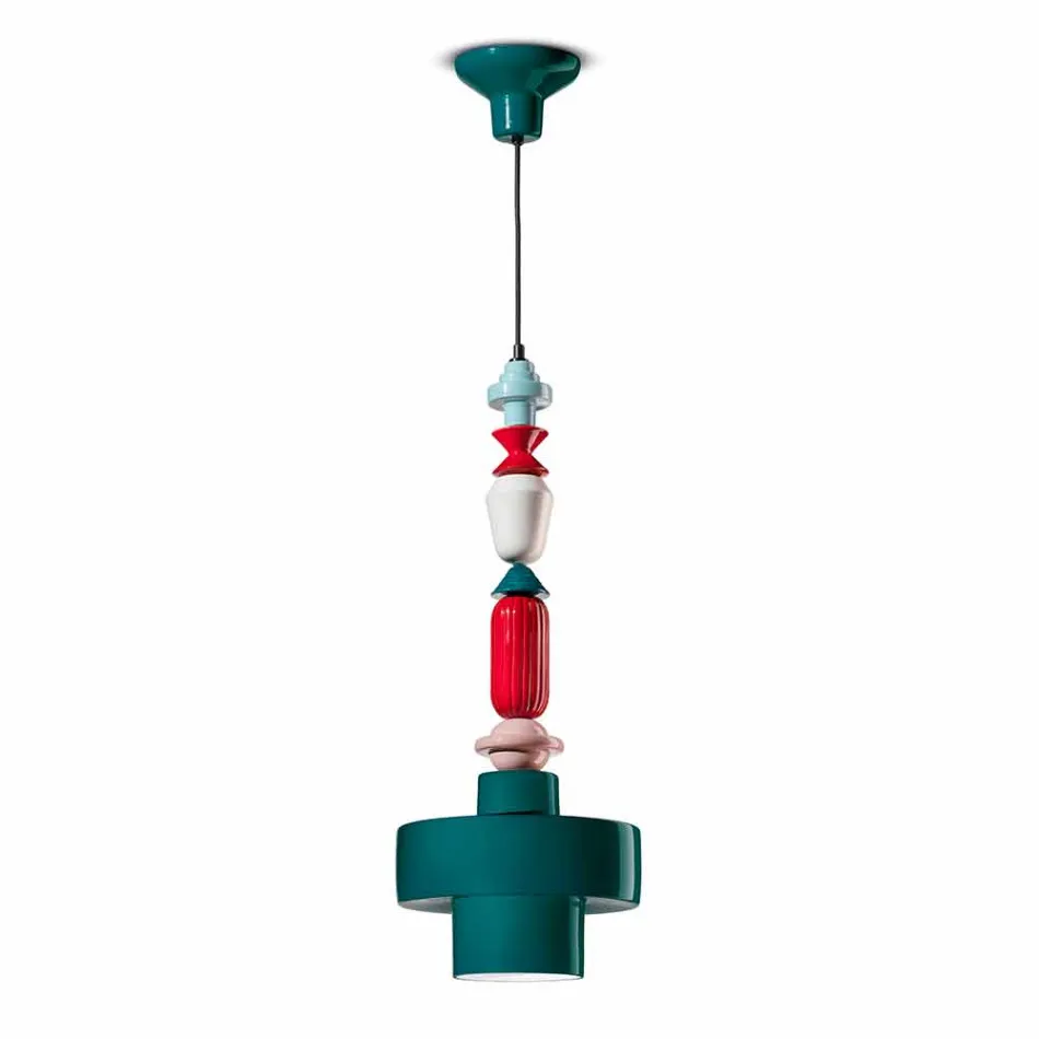 Lampa suspendată din ceramică retro galbenă sau verde, fabricată în Italia - Ferroluce Lariat Viadurini
