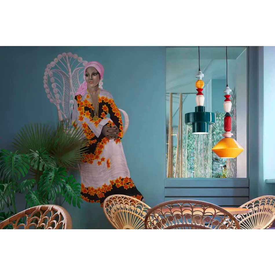 Lampa suspendată din ceramică retro galbenă sau verde, fabricată în Italia - Ferroluce Lariat Viadurini