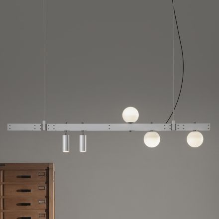 Lampă suspendată Design Alb Aluminiu cu Sfere de Sticlă și Spoturi - Exodus Viadurini