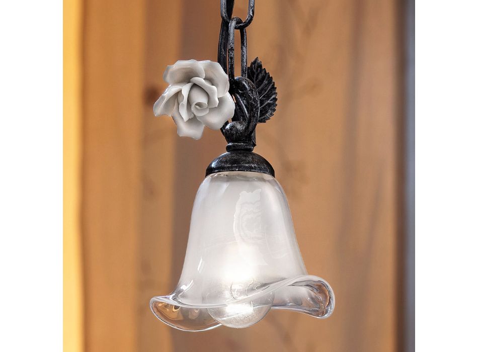 Lampa Suspendata din Fier si Sticla cu Decoratie Trandafir Ceramica - Siena Viadurini