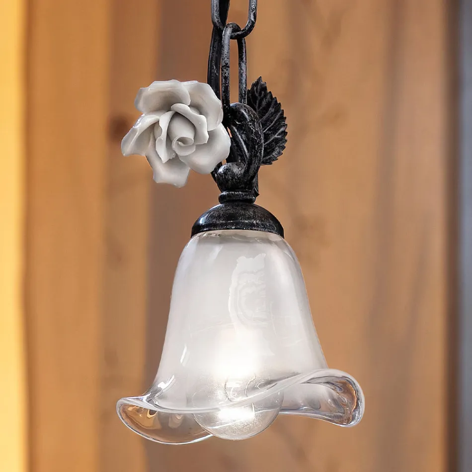 Lampa Suspendata din Fier si Sticla cu Decoratie Trandafir Ceramica - Siena Viadurini