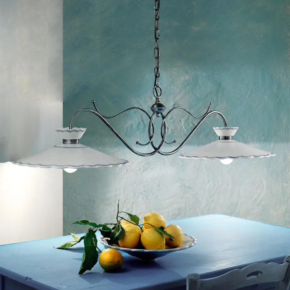 Lampa Liniara Suspendata 2 Lumini Ceramica Efect Broderie Artizanala - Ravenna Viadurini