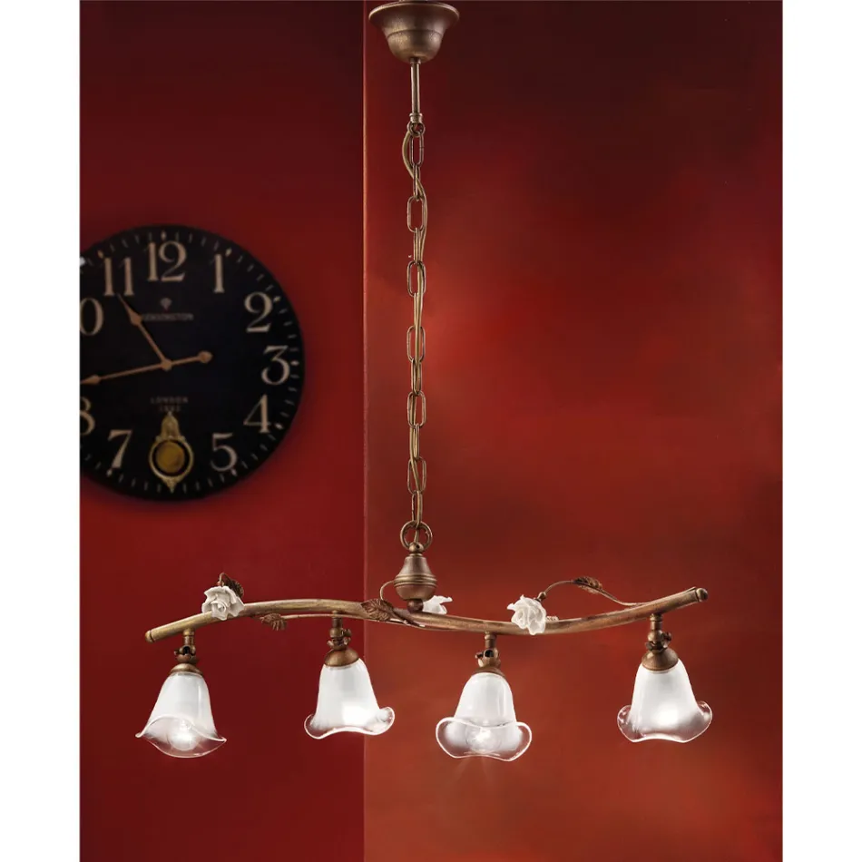 Lampa Liniara Suspendata 4 Lumini din Fier, Sticla si Ceramica Trandafiri - Siena Viadurini