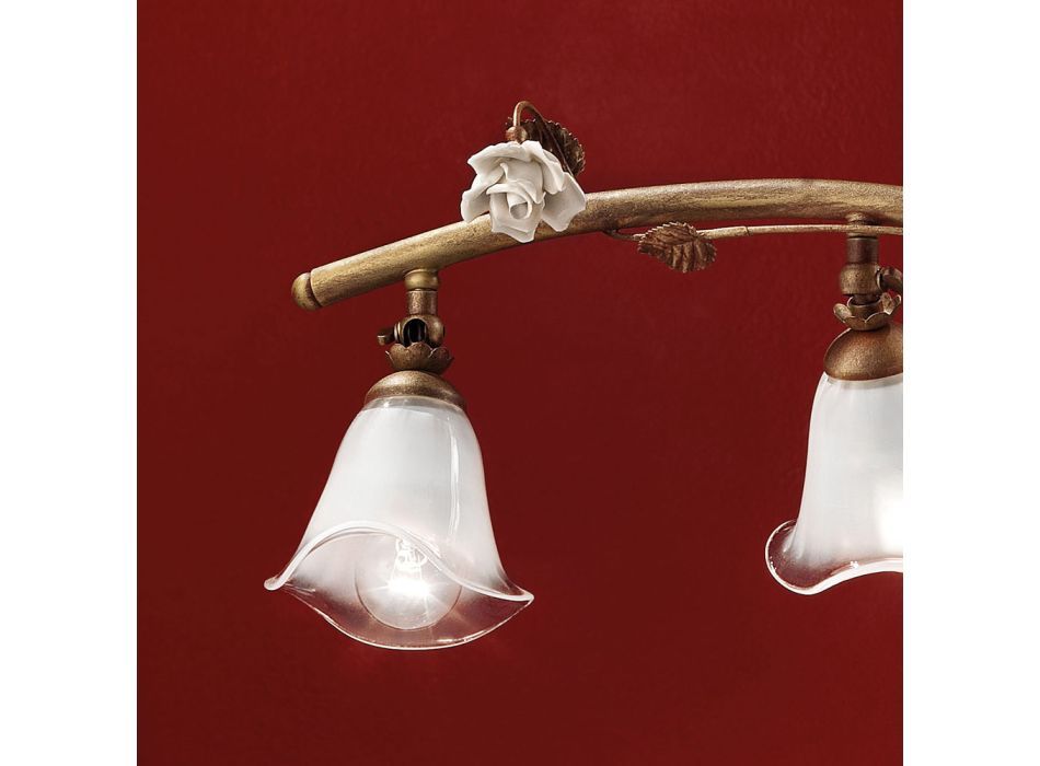 Lampa Liniara Suspendata 4 Lumini din Fier, Sticla si Ceramica Trandafiri - Siena Viadurini