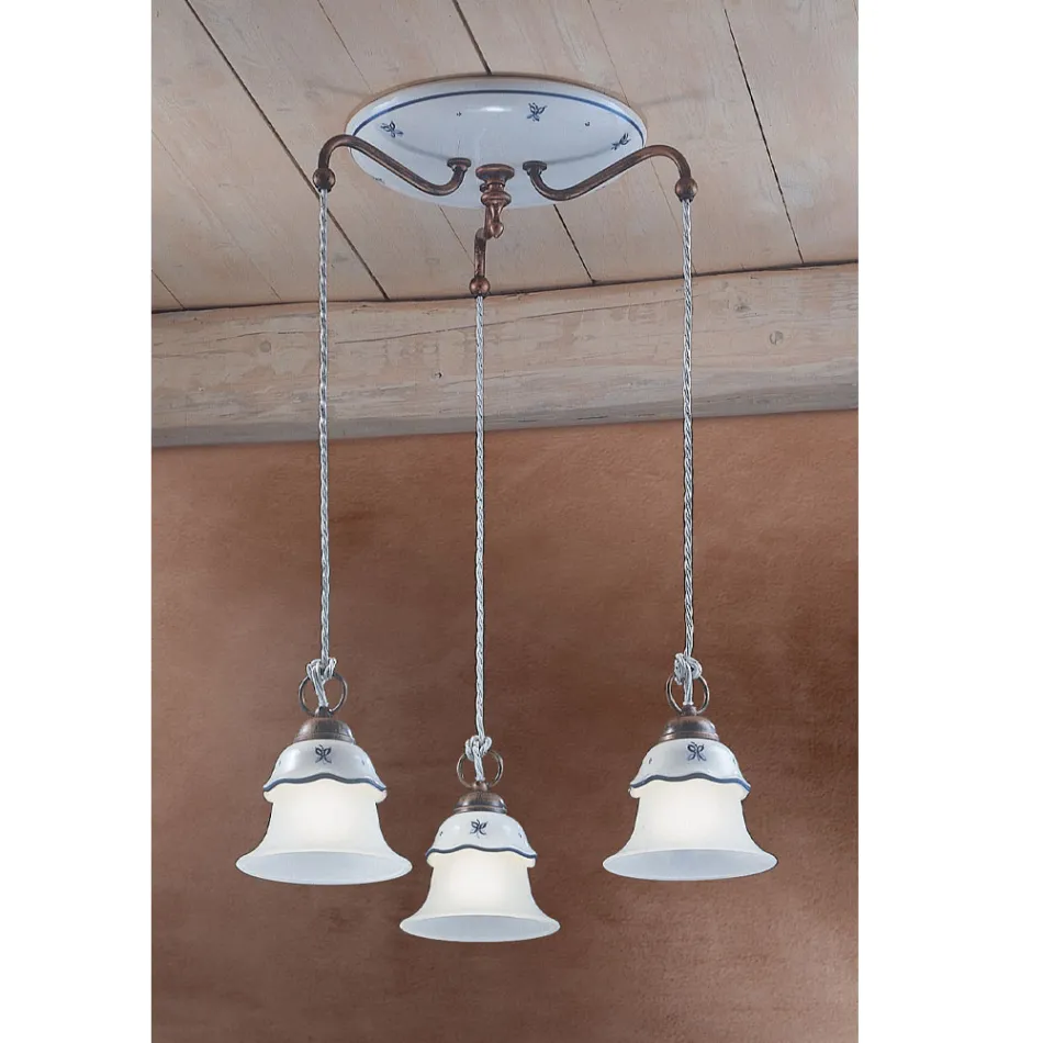 Suspensie rotunda din Fier, Sticla, Ceramica Pictata Manual - Ferrara Viadurini