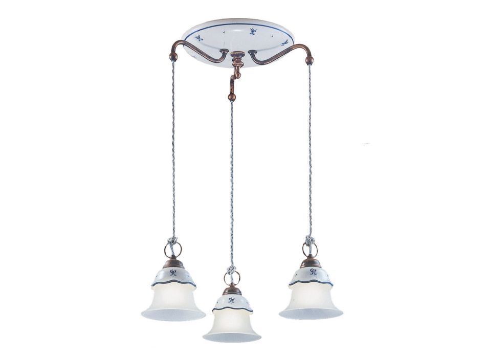Lampa rotunda cu suspendare din Fier, Sticla, Ceramica Pictata Manual - Ferrara Viadurini
