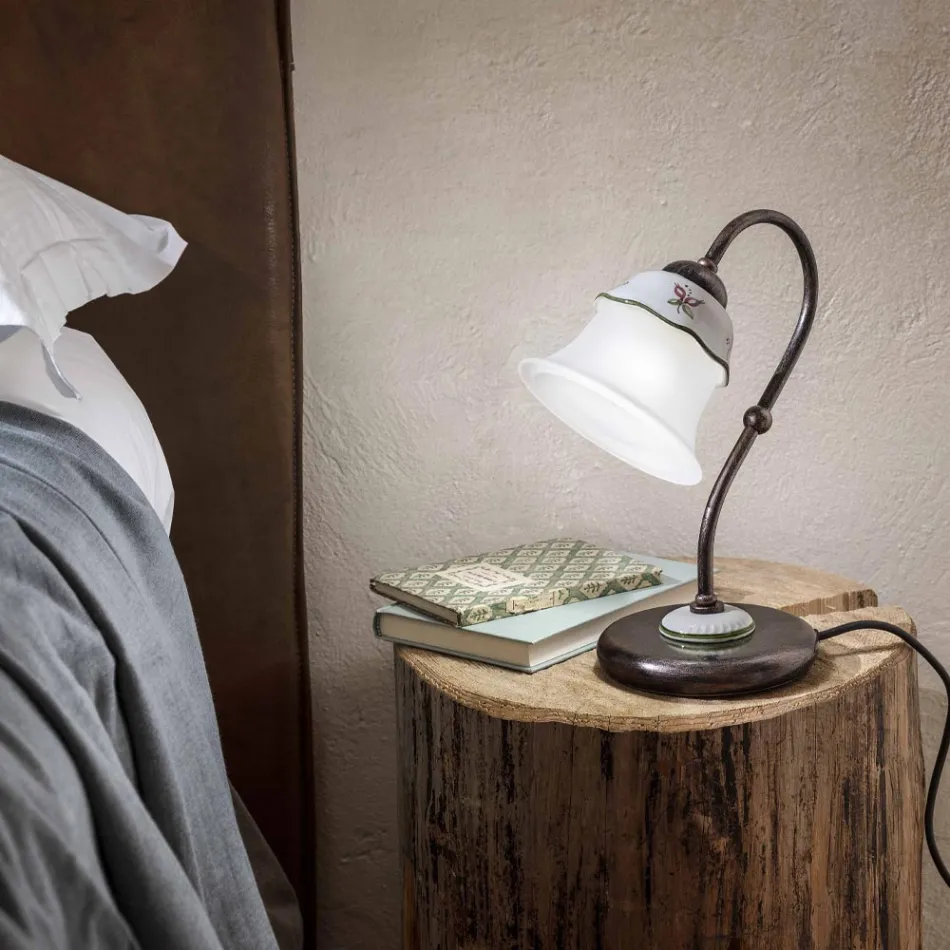 Lampă de masă vintage din fier, sticlă și ceramică pictată manual - Ferrara Viadurini
