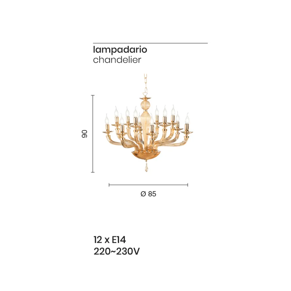 Candelabru clasic cu 12 lumini din sticla Rigaton lucrata manual si metal auriu - Fievole Viadurini