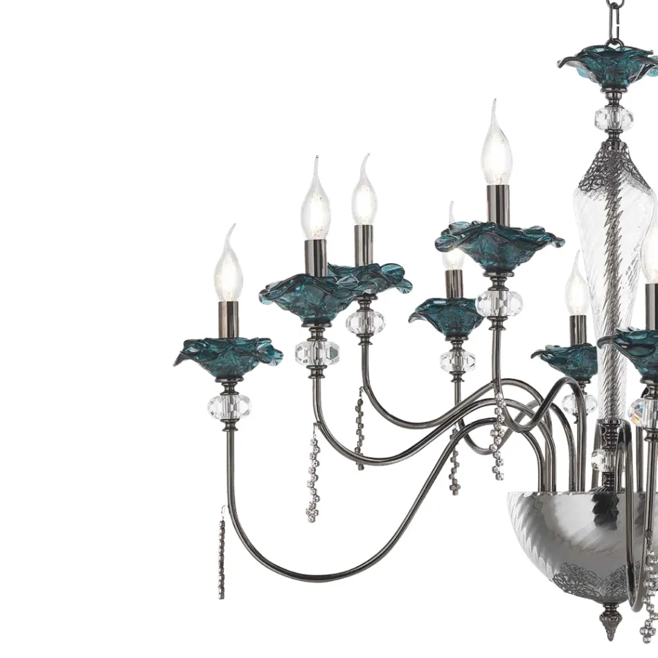 Candelabru clasic cu 12 lumini din sticlă, cristal și metal de lux - Flandra Viadurini