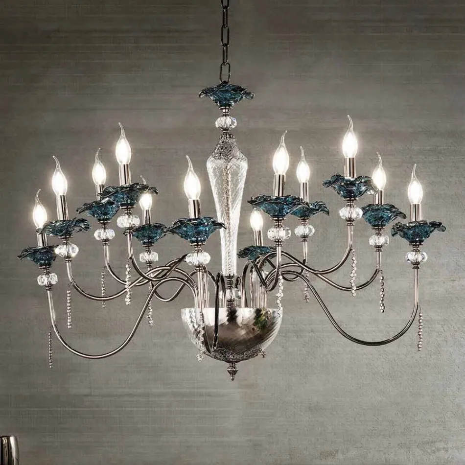 Candelabru clasic cu 12 lumini din sticlă, cristal și metal de lux - Flandra Viadurini