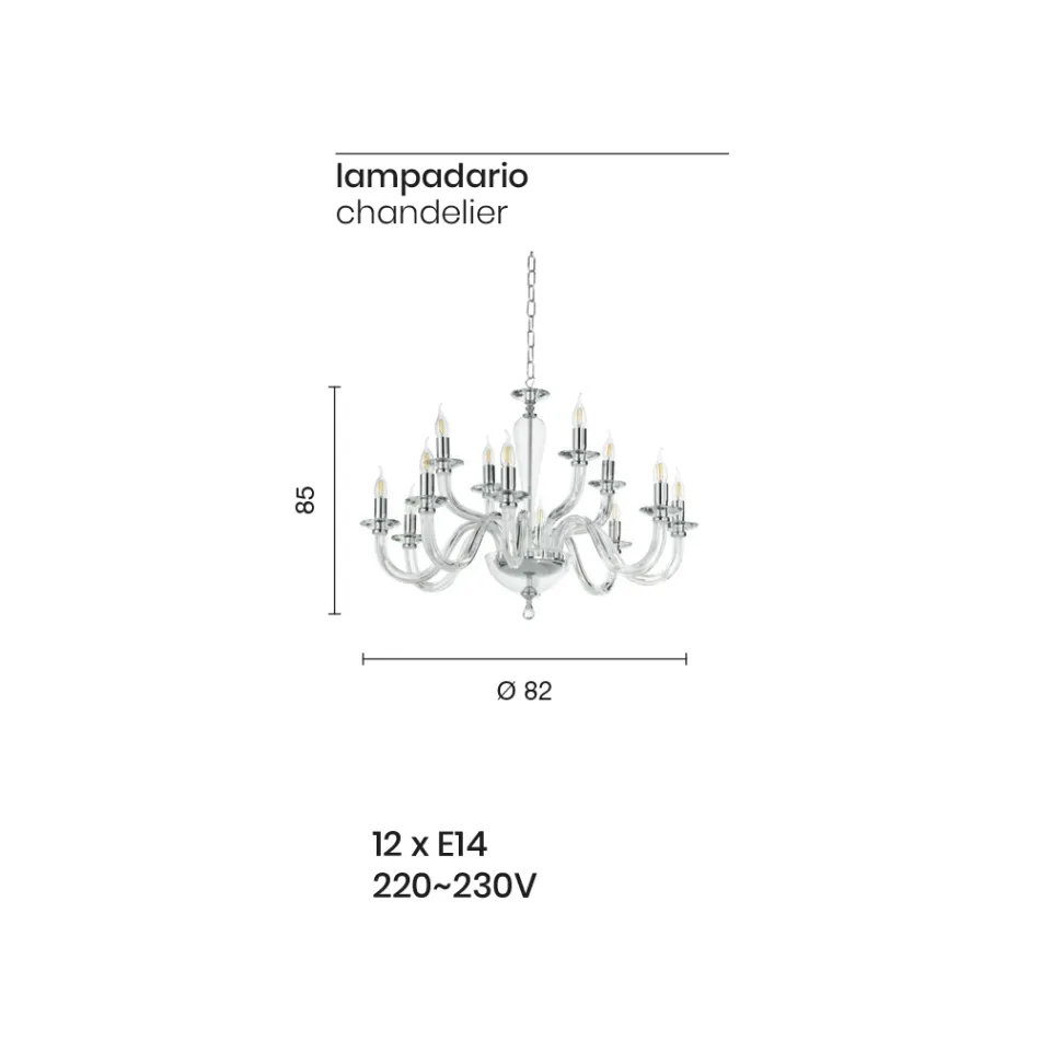 Candelabru clasic 12 lumini din sticla transparenta italiana lucrata manual - Rapallo Viadurini