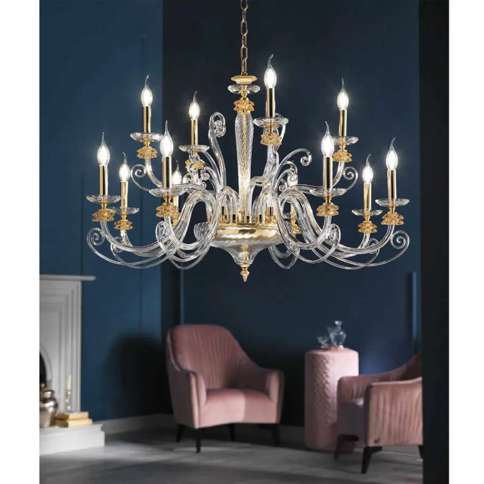 Candelabru cu 12 lumini din sticla suflata si cristal clasic de lux - Cassea Viadurini