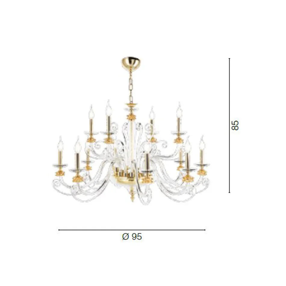 Candelabru cu 12 lumini din sticla suflata si cristal clasic de lux - Cassea Viadurini