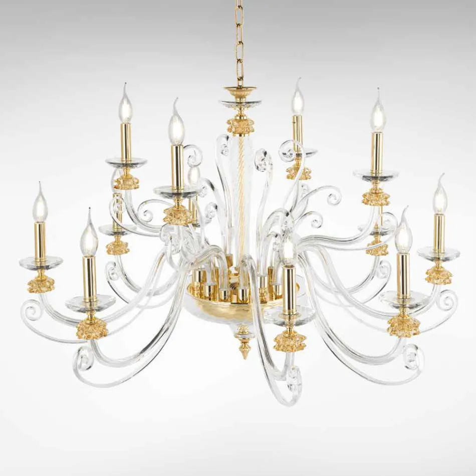 Candelabru cu 12 lumini din sticla suflata si cristal clasic de lux - Cassea Viadurini