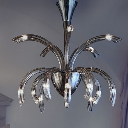 Candelabru cu 15 lumini din sticlă venețiană și metal cromat, fabricat în Italia - Jason Viadurini