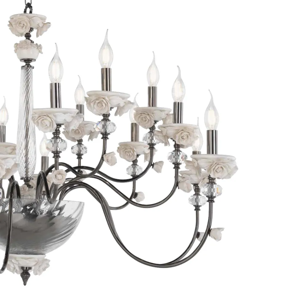 Candelabru clasic cu 18 lumini din porțelan și sticlă suflată de lux - Eteria Viadurini