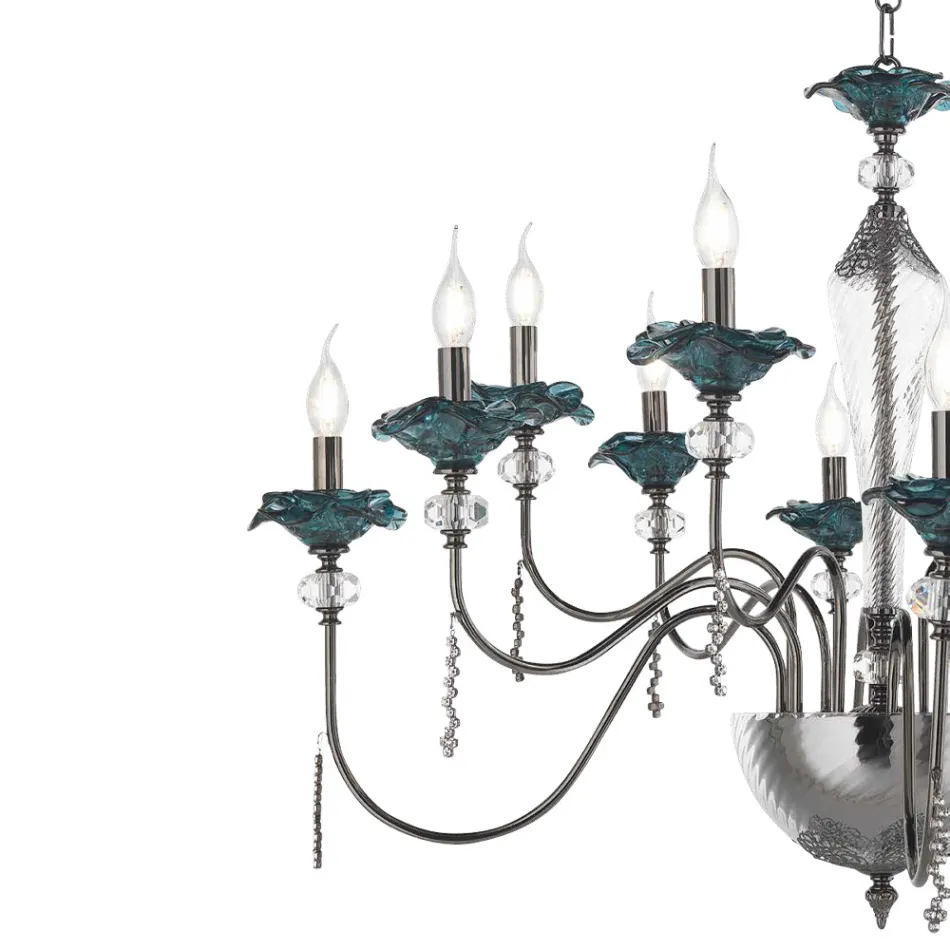 Candelabru clasic cu 24 de lumini din sticlă, cristal și metal de lux - Flandra Viadurini