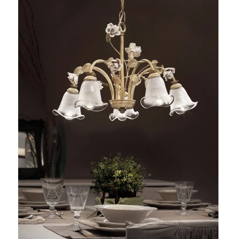Candelabru cu 5 Lumini din Fier si Sticla sablata cu Trandafiri din Ceramica - Siena Viadurini