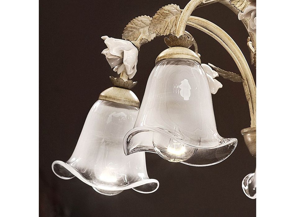 Candelabru cu 5 Lumini din Fier si Sticla sablata cu Trandafiri din Ceramica - Siena Viadurini
