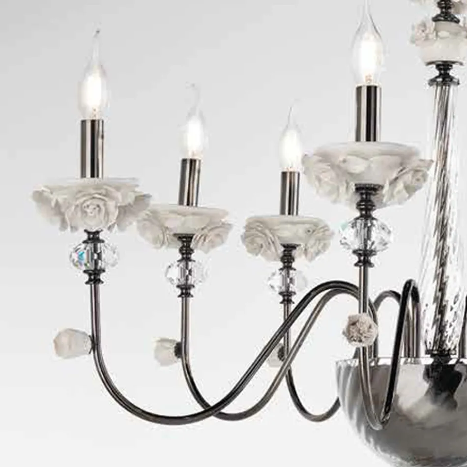 Candelabru clasic cu 8 lumini din porțelan și sticlă suflată de lux - Eteria Viadurini