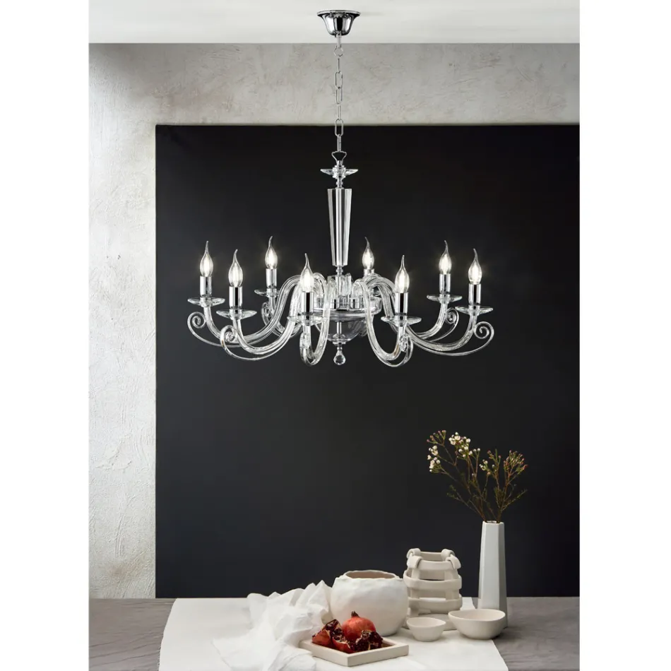 Candelabru clasic cu 8 lumini din sticla si cristal italiana lucrate manual - Malaezia Viadurini