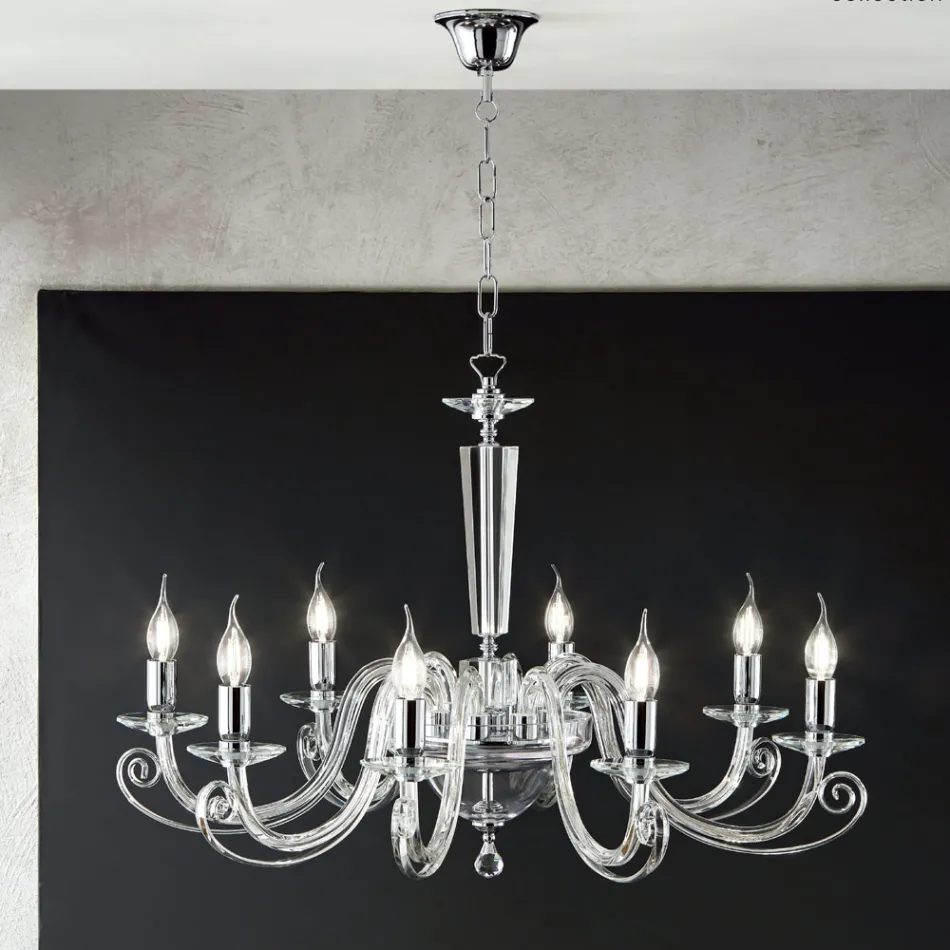 Candelabru clasic cu 8 lumini din sticla si cristal italiana lucrate manual - Malaezia Viadurini