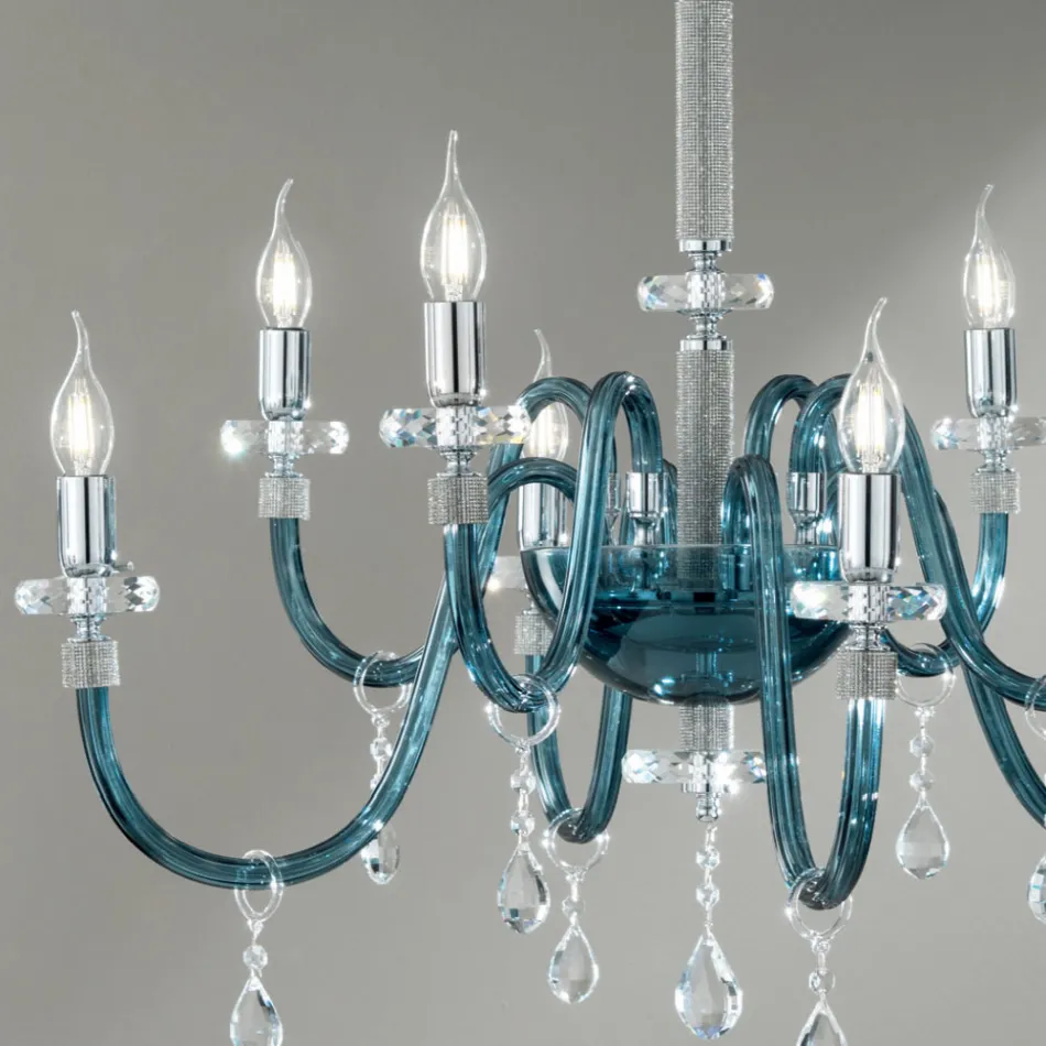 Candelabru 8 Lumini Sticla Italiana Clasic Artizanat Teal - Similo Viadurini