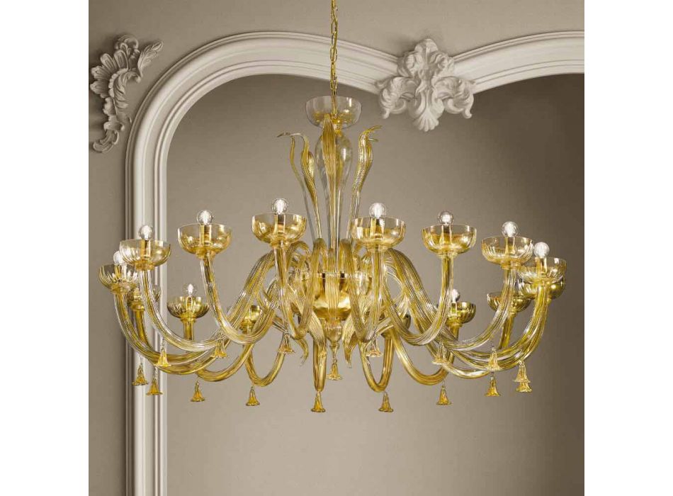 Candelabru cu 16 lumini din sticlă venețiană și aur, realizat manual în Italia - Regina Viadurini