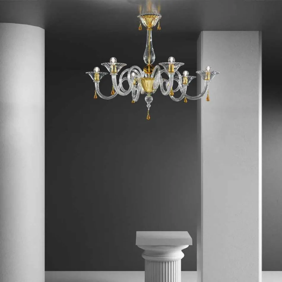 Candelabru din sticlă venețiană cu 6 lumini, fabricat manual în Italia - Margherita Viadurini