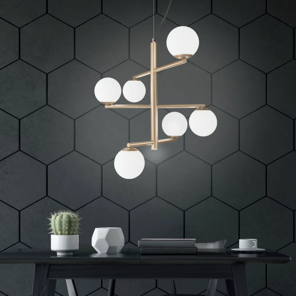 Candelabru cu 6 lumini din metal vopsit cu difuzoare din sticla - Lido Viadurini