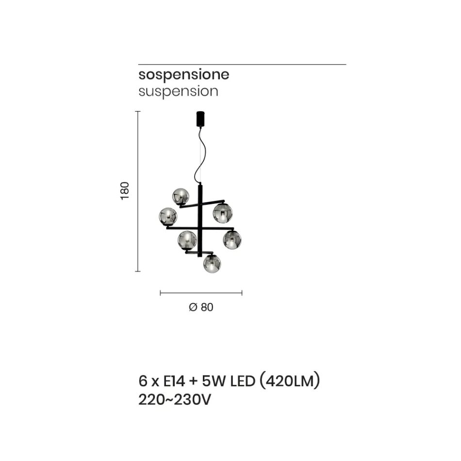 Candelabru cu 6 lumini din metal vopsit cu difuzoare din sticla - Lido Viadurini