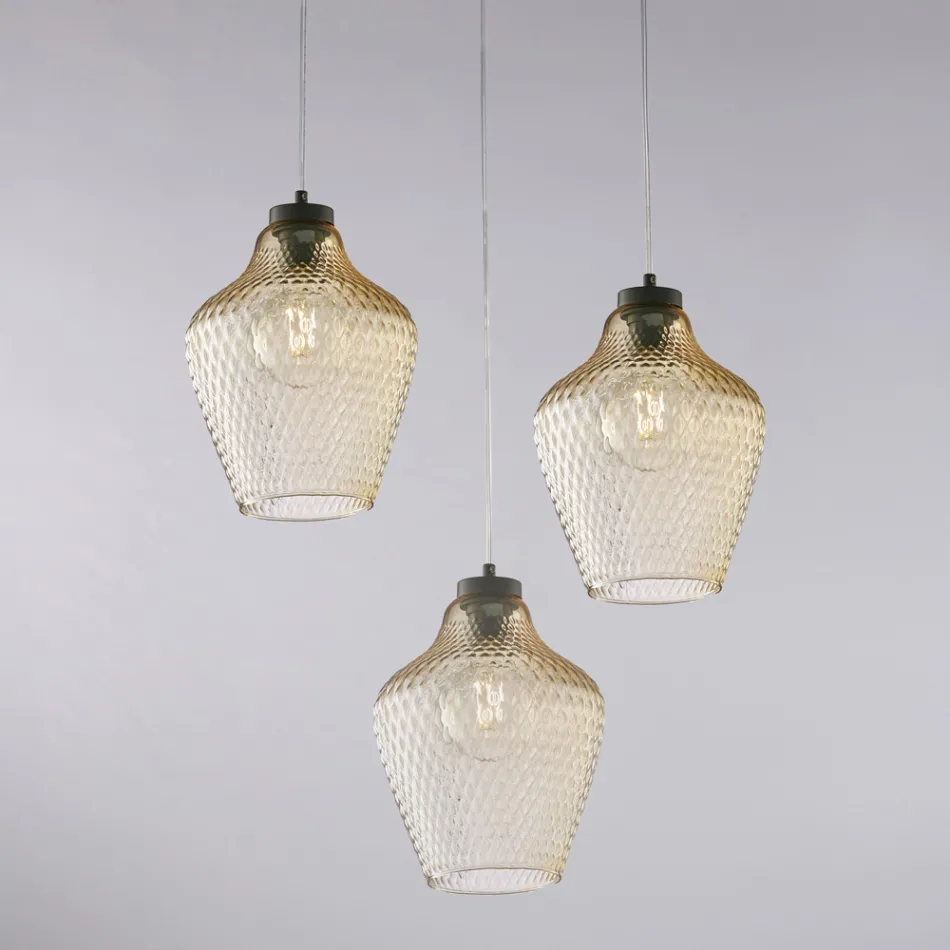 Lampă suspendată Alnitak cu 3 becuri, sticlă neagră și metal Viadurini