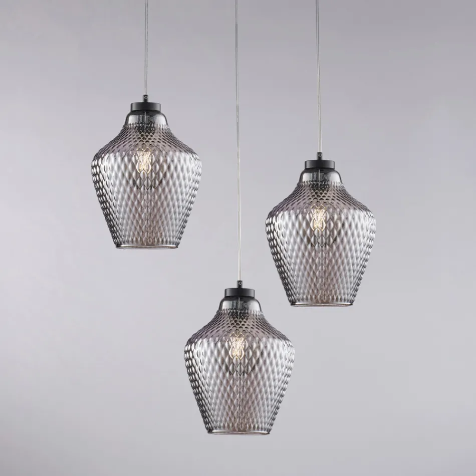 Lampă suspendată Alnitak cu 3 becuri, sticlă neagră și metal Viadurini