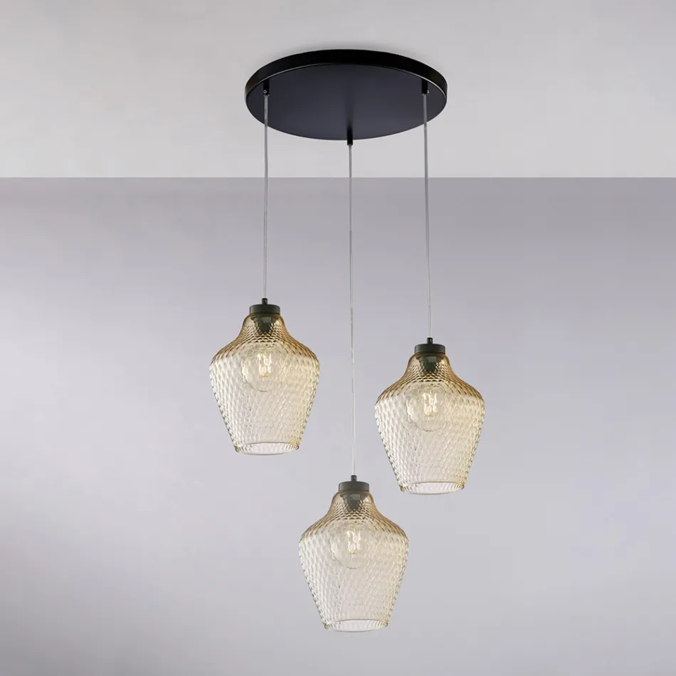 Lampă suspendată Alnitak cu 3 becuri, sticlă neagră și metal Viadurini