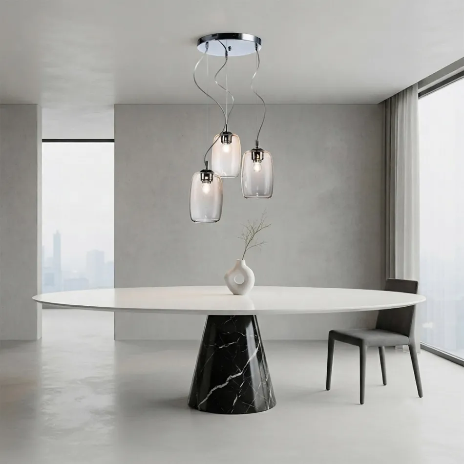 Candelabru cu trei lumini și bară circulară din sticlă suflată, fabricat în Italia - Soffio Viadurini