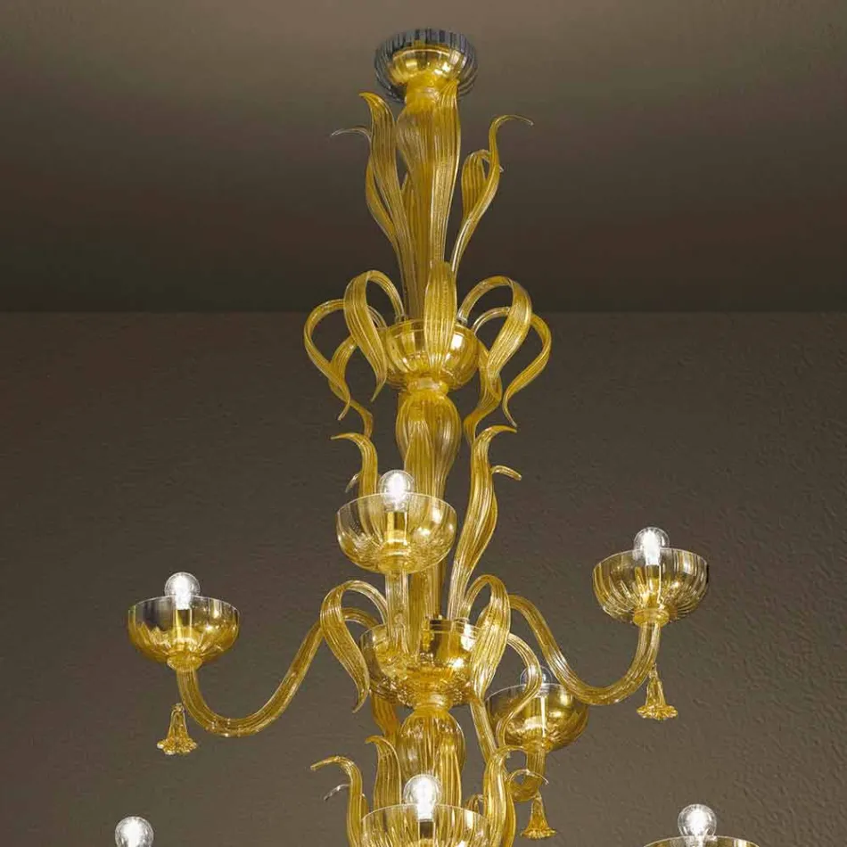 Candelabru manual cu 28 de lumini în sticlă venețiană și aur fabricat în Italia - Regina Viadurini